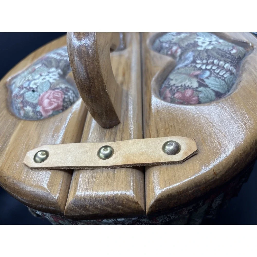 Vintage 1970s Wooden Half-Bushel Sewing Basket with Heart Pin Cushion Lid